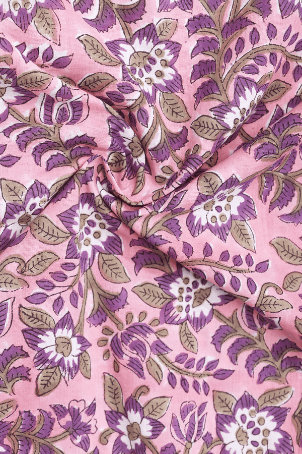 Split Neck Floral Design Pink Cotton Short Top