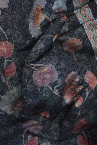 Floral Digital Printed Black Semi Linen Saree