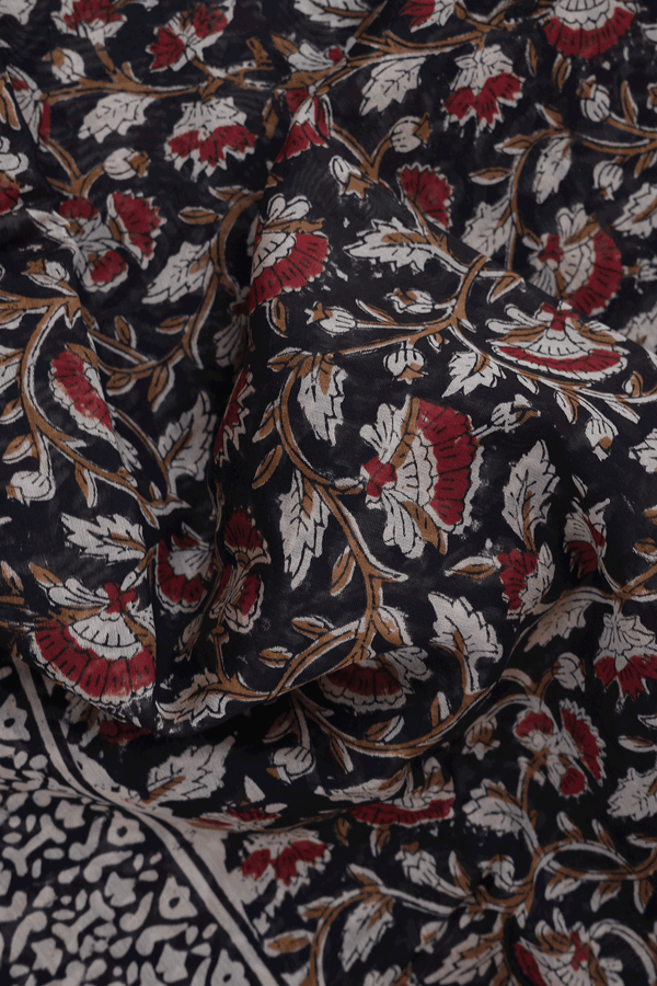 Floral Printed Design Black Chanderi Cotton Saree
