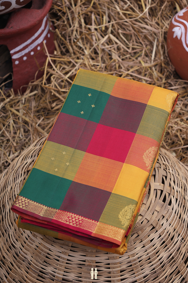 Kanchipuram Silk Saree In Multicolor Along Checks With Buttas