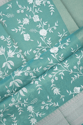 Floral Embroidered Design Dusty Jade Green Kota Cotton Saree