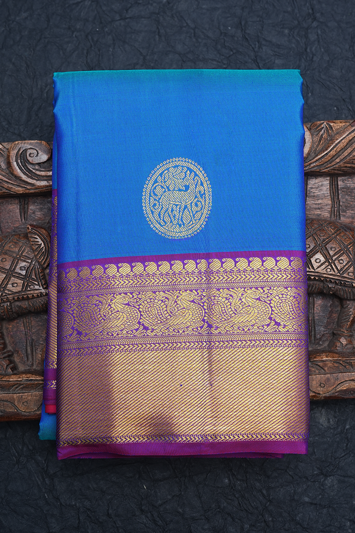Deer Zari Buttas Light Teal Blue Kanchipuram Silk Saree