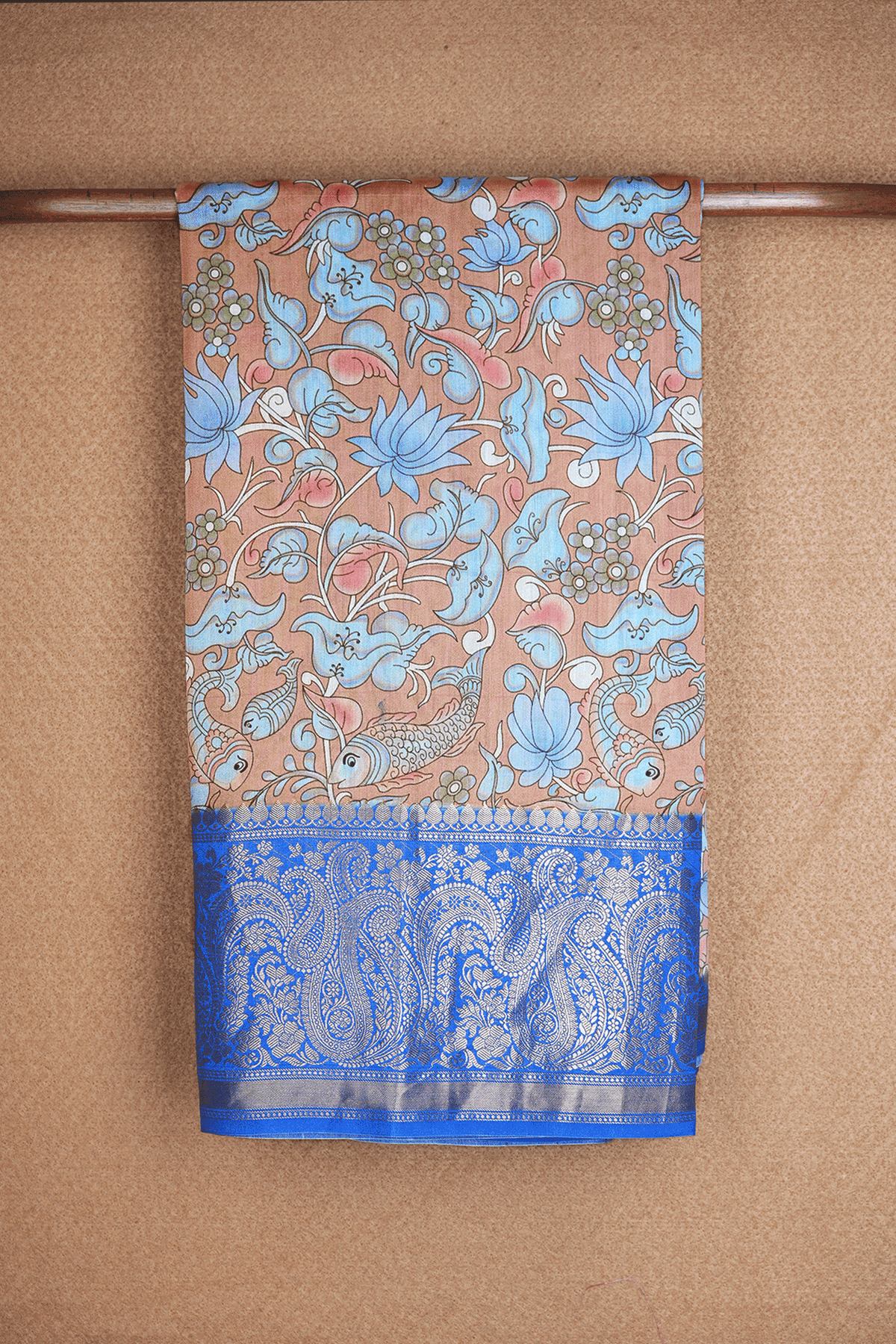 Floral Printed Design Dusty Orange Chanderi Silk Cotton Saree