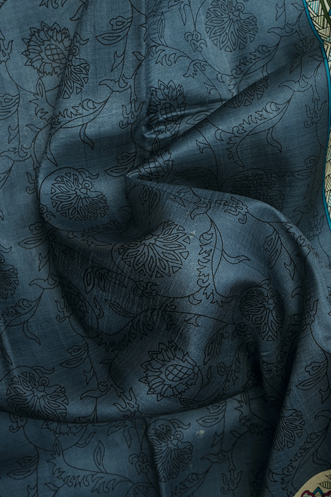 Madhubani Design Border Charcoal Grey Printed Silk Saree