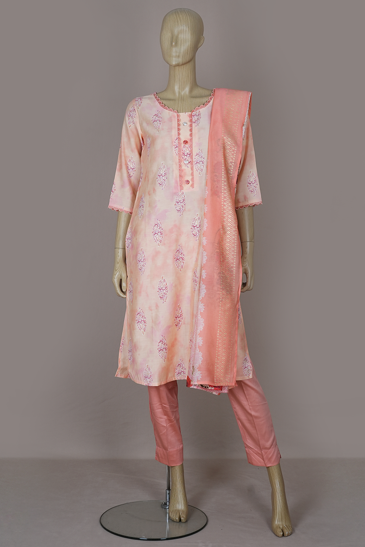 Round Neck Pastel Orange Chanderi Silk Cotton Salwar Set