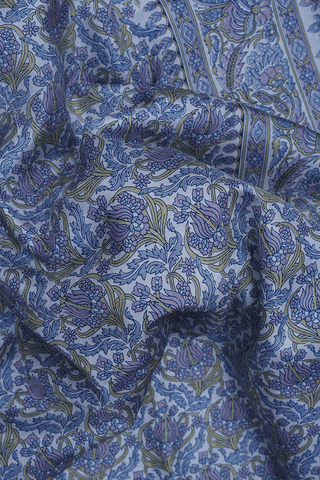 Allover Floral Design Steel Blue Printed Silk Saree