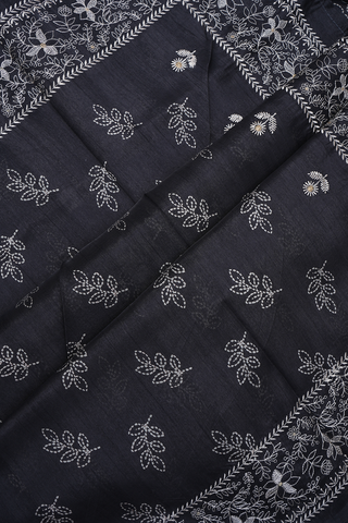 Leaf Printed Motifs Black Semi Tussar Silk Saree