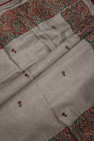 Floral Embroidered Buttis Stone Grey Semi Tussar Silk Saree