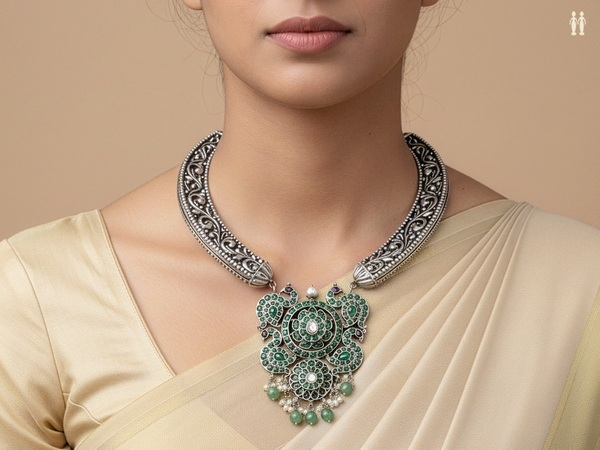 Peacock Design Oxidized Pure Silver Necklace