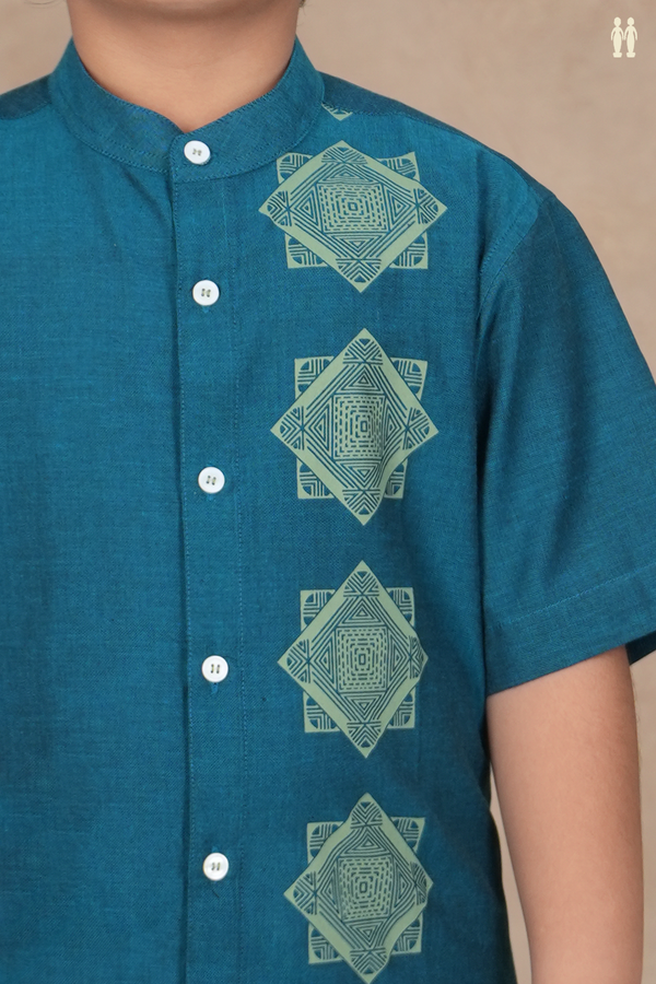 Chinese Collar Diamond Design Teal Blue Cotton Shirt