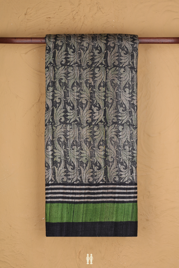 Tussar Silk Saree In Charcoal Grey With Printed Design