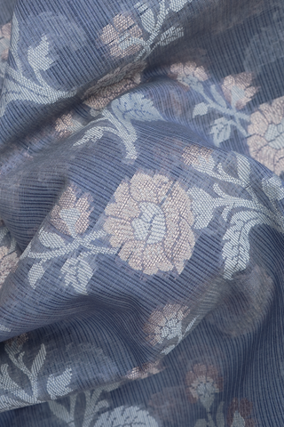 Floral Design Pigeon Blue Semi Kora Silk Cotton Saree