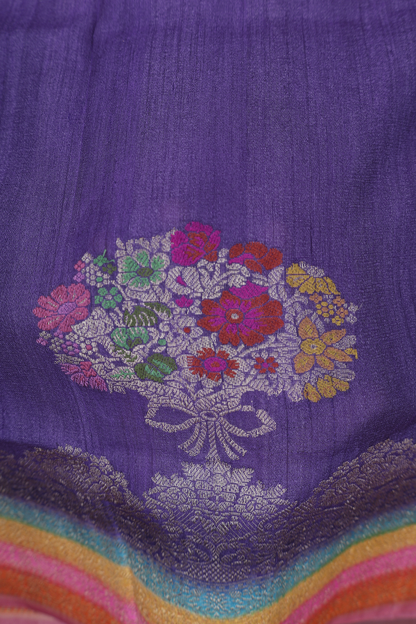Tussar Banarasi Silk Saree In Purple With Floral Design