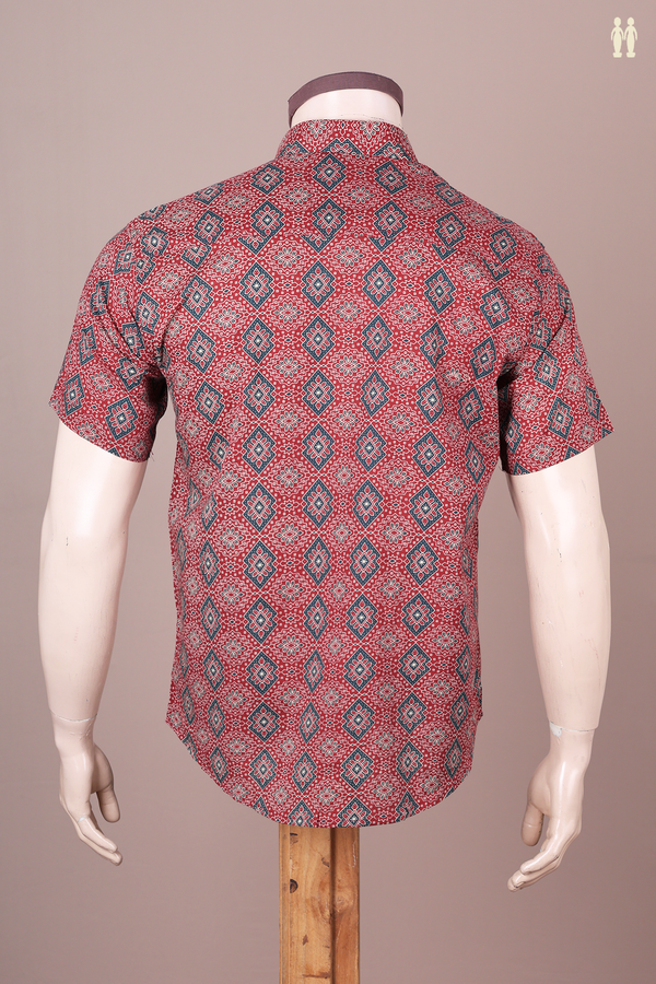 Regular Collar Printed Design Red Cotton Shirt