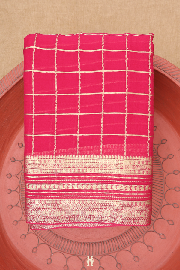 Chiffon Saree In Rani Pink With Checks Design
