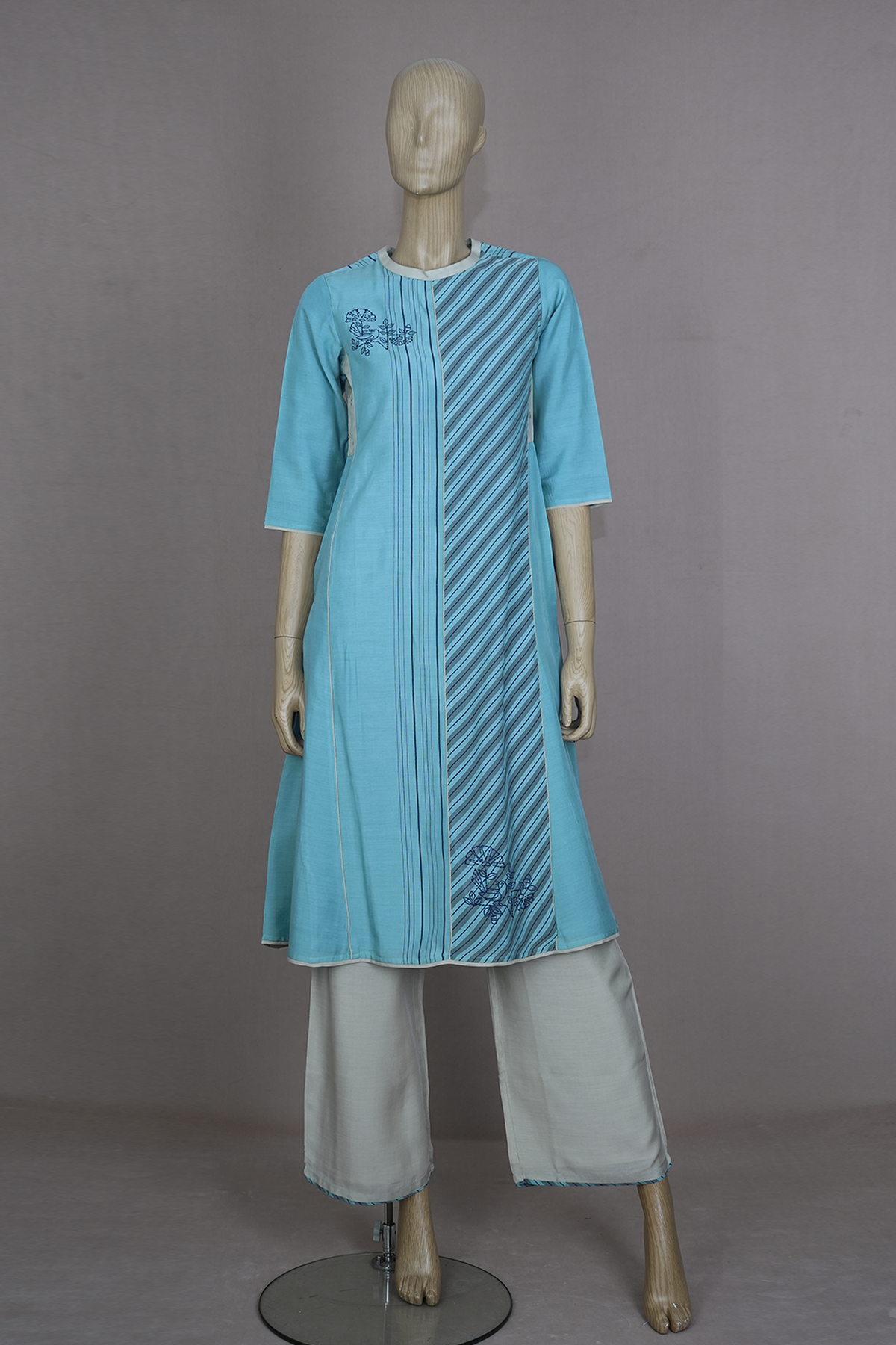 Striped With Bird Embroidery Dusty Blue A-line Salwar Set