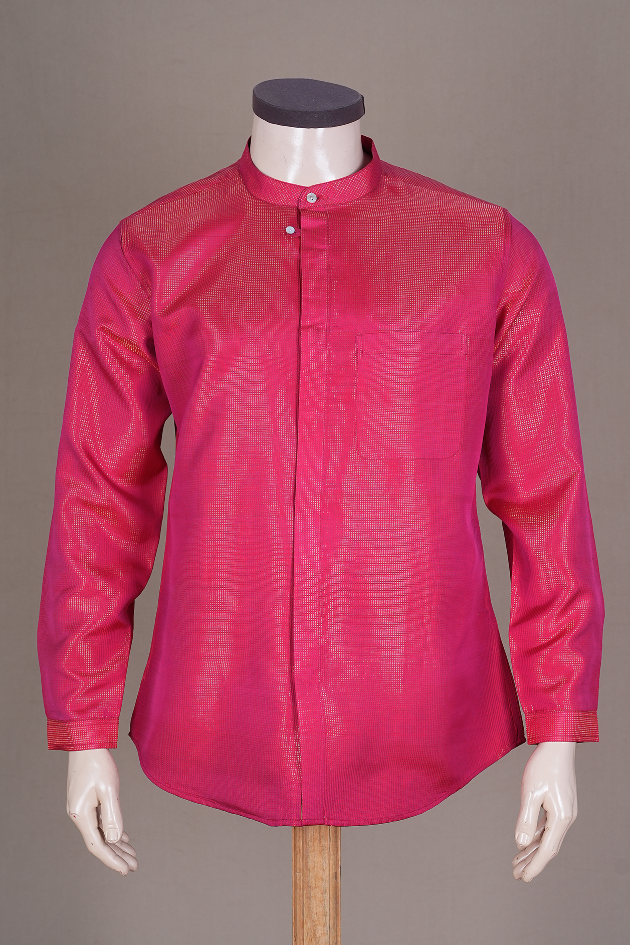 Chinese Collar Stripes Design Magenta Silk Shirt
