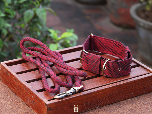 Burgundy Red Cotton Dog Collar With Rope Set