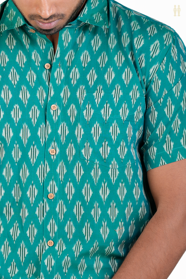 Regular Collar Printed Design Green Ikat Cotton Shirt