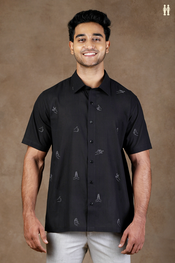 Regular Collar Embroidered Design Black Cotton Shirt