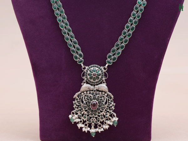 Green And Pink Kemp Stone Oxidized Pure Silver Long Necklace