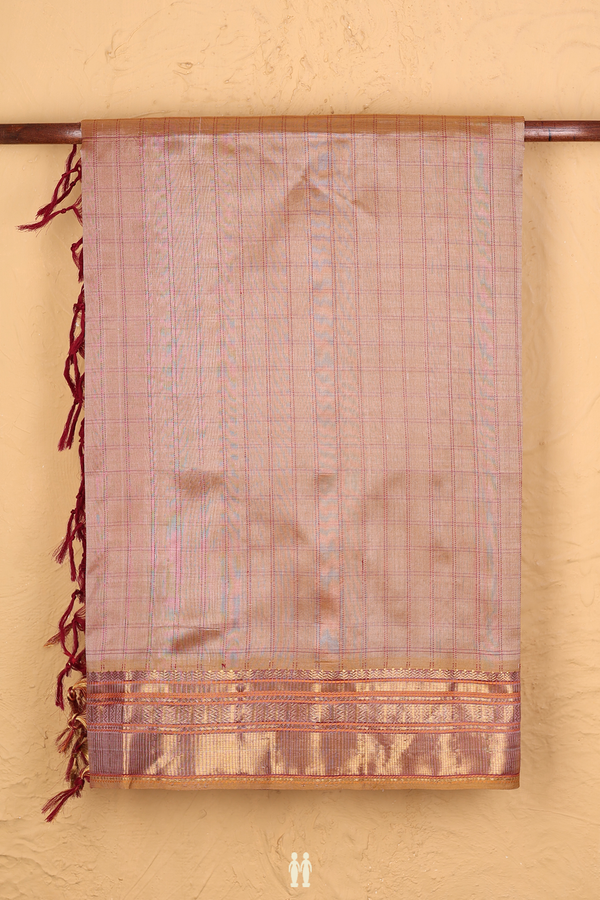 Silk Cotton Saree In Dusty Brown With Checks Design