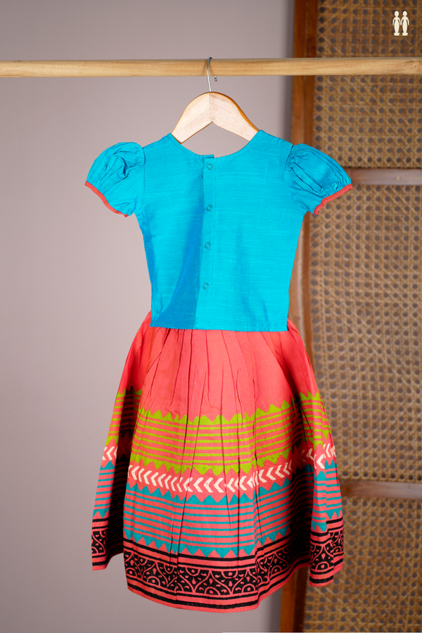 Printed Design Blue And Orange Readymade Pavadai Sattai