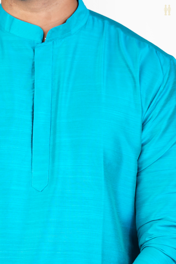 Chinese Collar Plain Peacock Blue Raw Silk Long Kurta