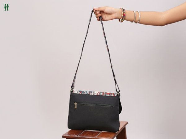 Kalamkari Printed Design Black Cotton Sling Bag