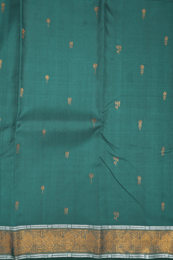 Floral Zari Buttis Peacock Green Kanchipuram Silk Saree