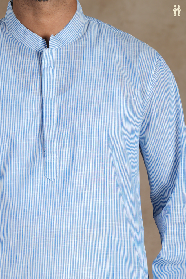 Chinese Collar Stripes Design Blue And White Cotton Long Kurta