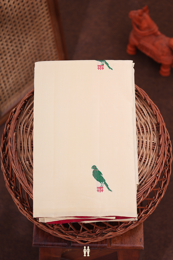 Kanchipuram Silk Saree In Beige With Parrot Buttas