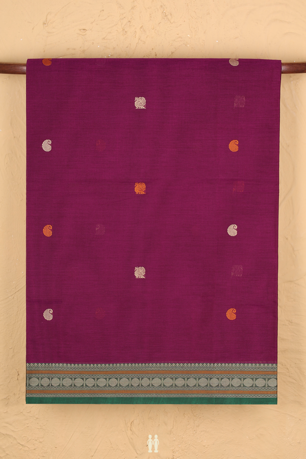 Coimbatore Cotton Saree In Grape Purple With Peacock Buttas