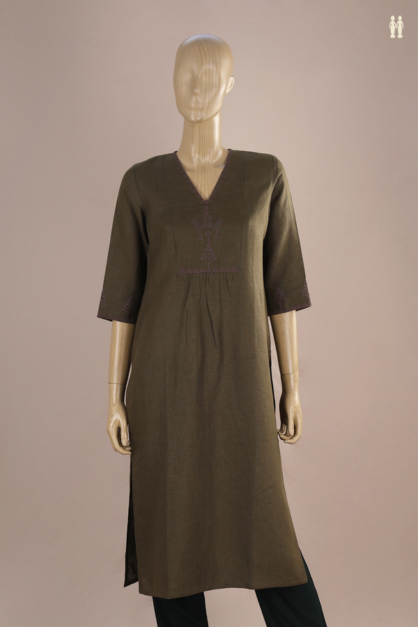 V-Neck Threadwork Design Cardamom Green Linen Long Kurta