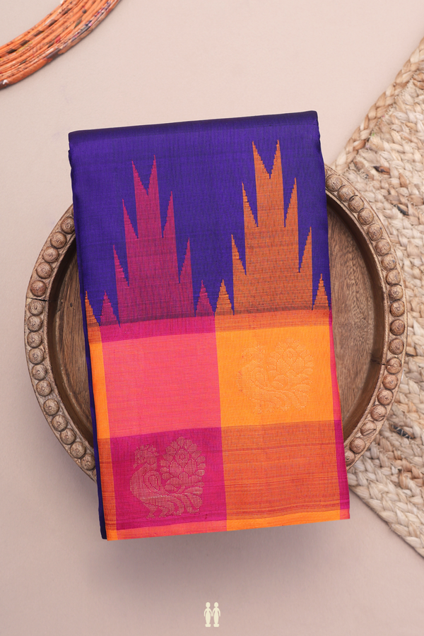 Kanchipuram Silk Saree In Navy Blue With Temple Border