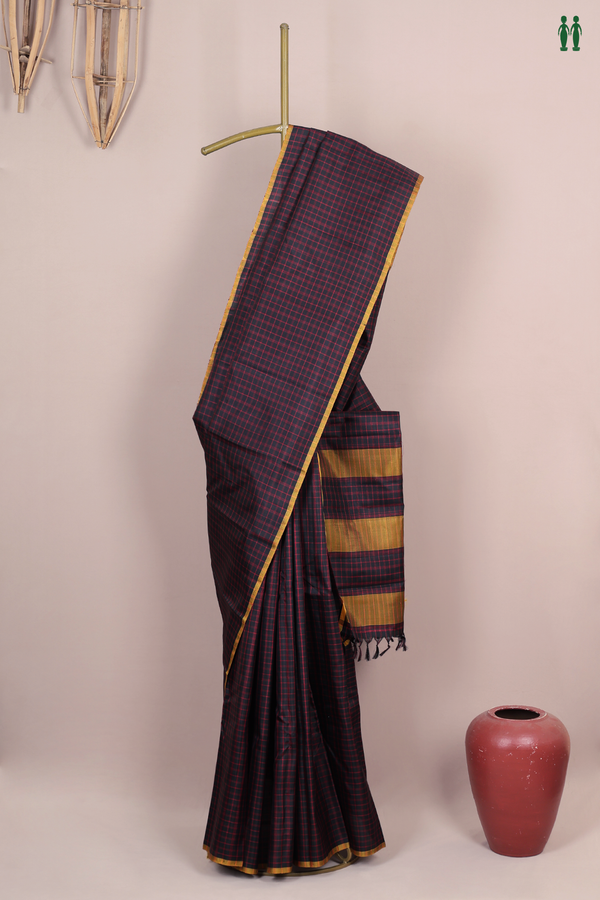 Kanchipuram Silk Saree In Black With Checks Design