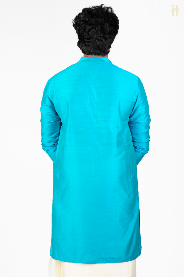 Chinese Collar Plain Peacock Blue Raw Silk Long Kurta