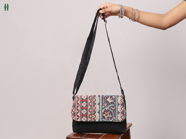 Kalamkari Printed Design Black Cotton Sling Bag