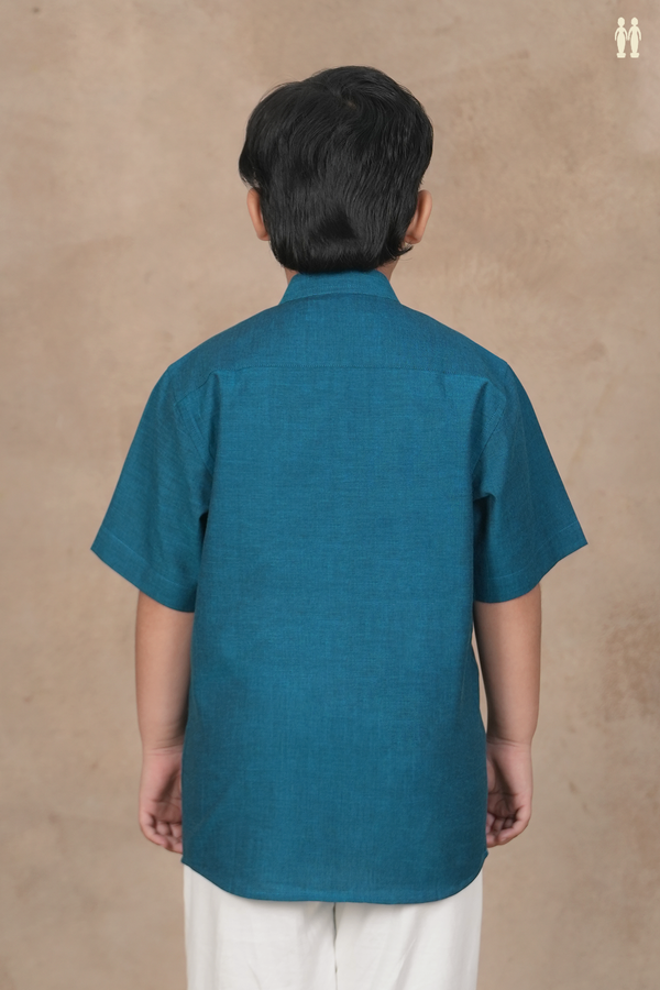 Chinese Collar Diamond Design Teal Blue Cotton Shirt