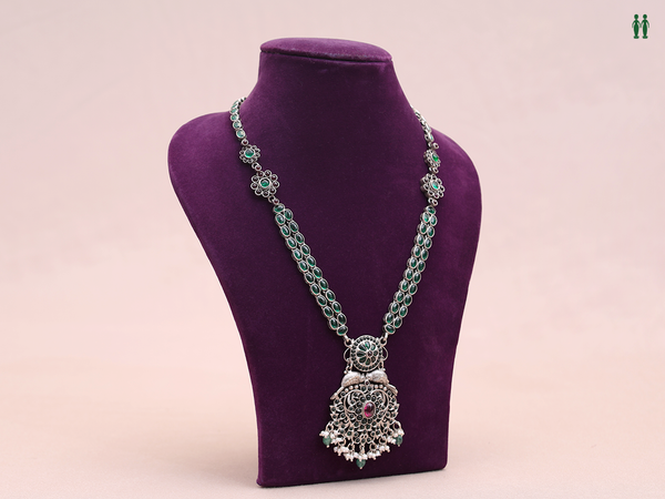 Green And Pink Kemp Stone Oxidized Pure Silver Long Necklace
