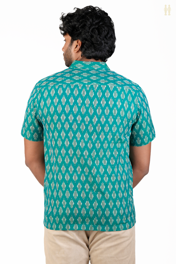 Regular Collar Printed Design Green Ikat Cotton Shirt