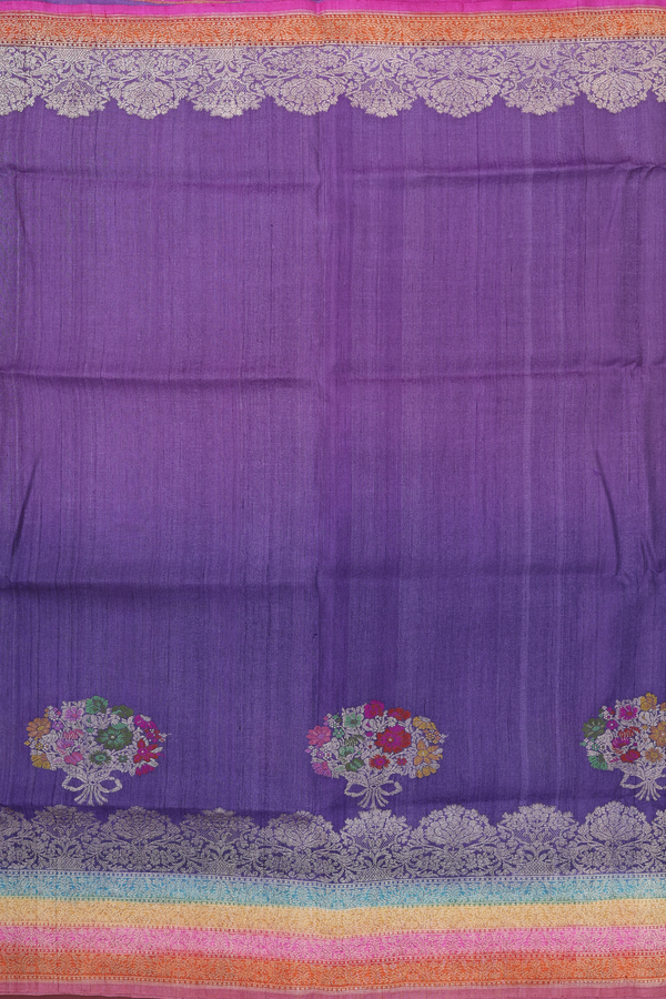 Tussar Banarasi Silk Saree In Purple With Floral Design