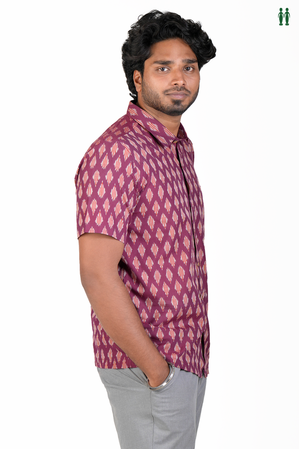 Regular Collar Printed Design Berry Purple Cotton Shirt