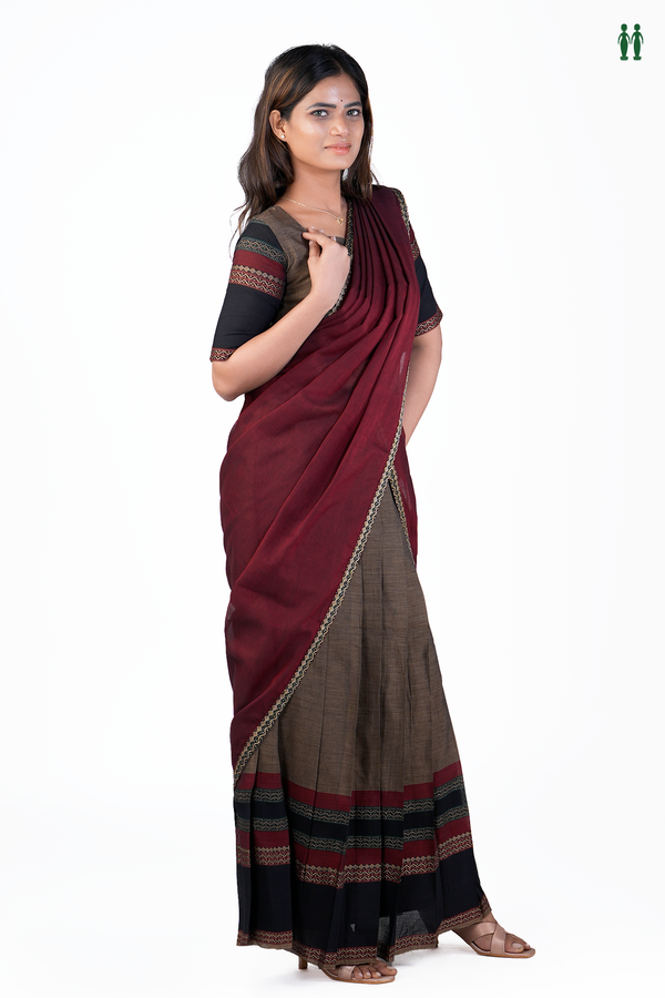 Threadwork Border Red Cotton Readymade Half Saree