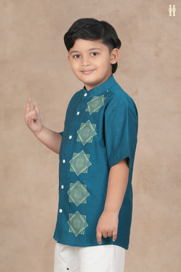 Chinese Collar Diamond Design Teal Blue Cotton Shirt