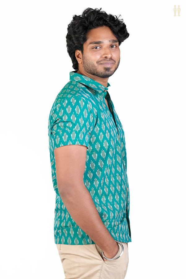 Regular Collar Printed Design Green Ikat Cotton Shirt
