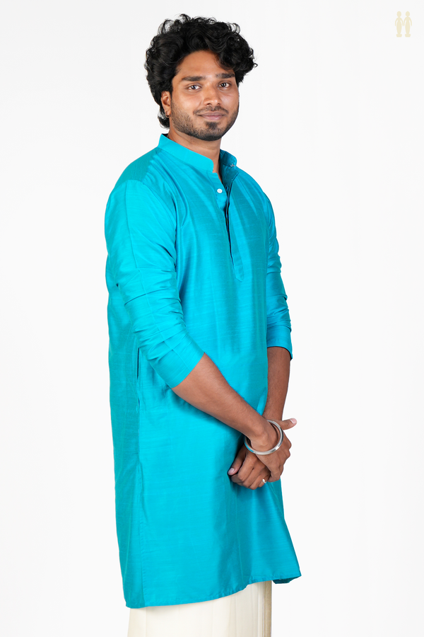 Chinese Collar Plain Peacock Blue Raw Silk Long Kurta