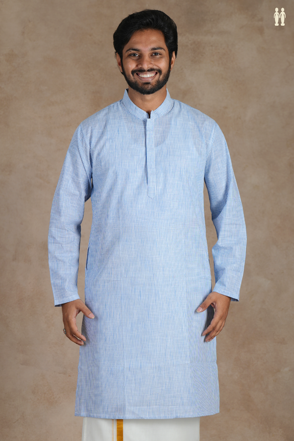 Chinese Collar Stripes Design Blue And White Cotton Long Kurta