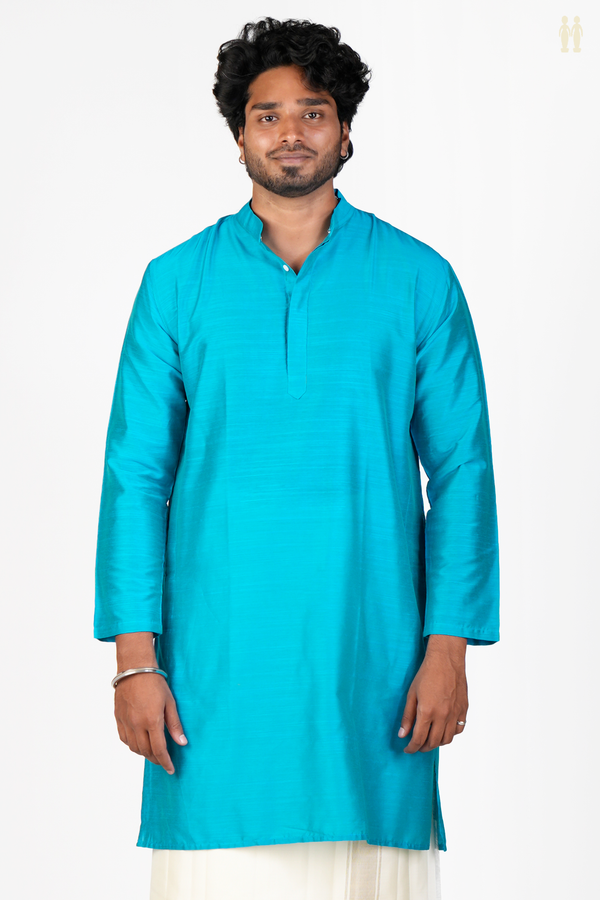 Chinese Collar Plain Peacock Blue Raw Silk Long Kurta