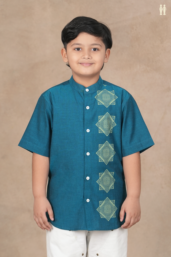 Chinese Collar Diamond Design Teal Blue Cotton Shirt